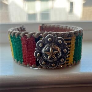 Handwoven Multicolor Textile Cuff Bracelet with Silver Concho